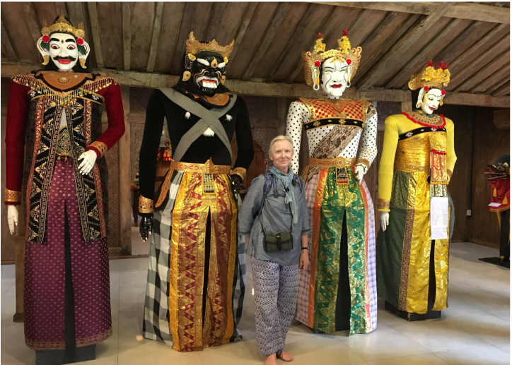 Joan Schirle in Bali. Sacred masks.